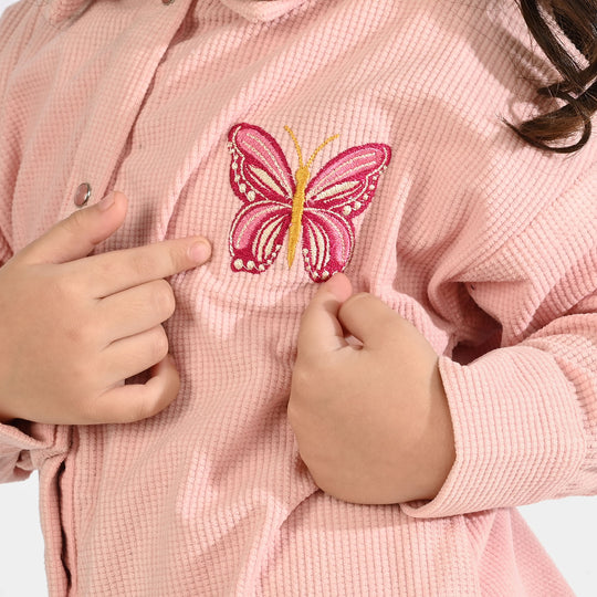 Girls Poly Crinkle Emb Top Butterfly-Pink