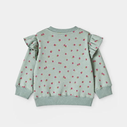 Girls Fleece Sweatshirt Flowers Pattern- Sea Green