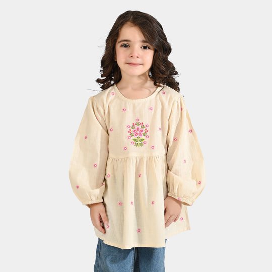 Girls Cotton Slub Emb Top Pink Flower - Off White