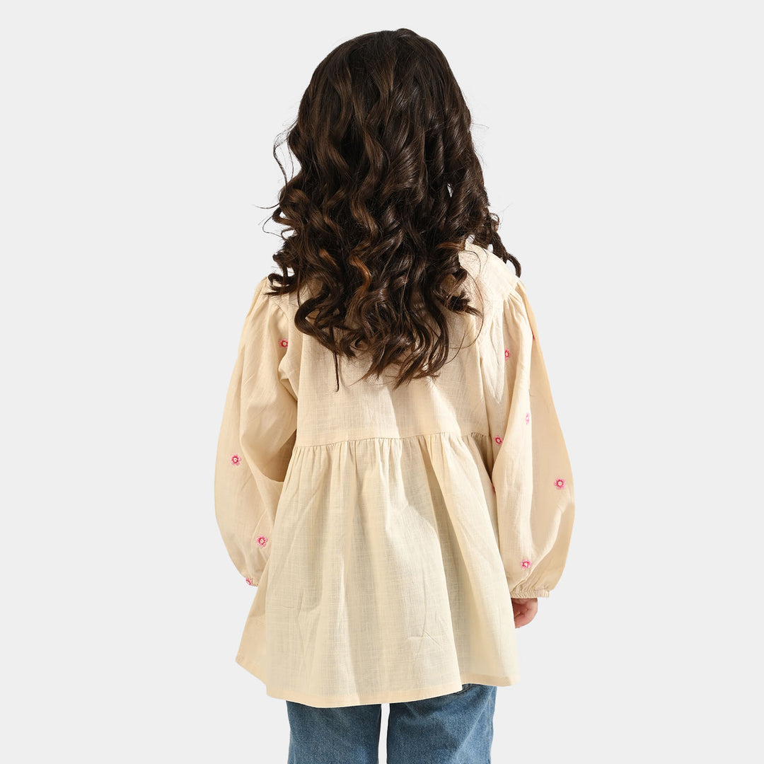 Girls Cotton Slub Emb Top Pink Flower - Off White