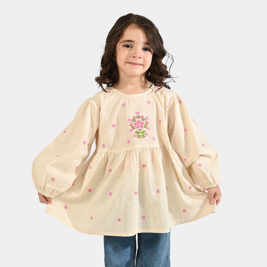 Girls Cotton Slub Emb Top Pink Flower - Off White