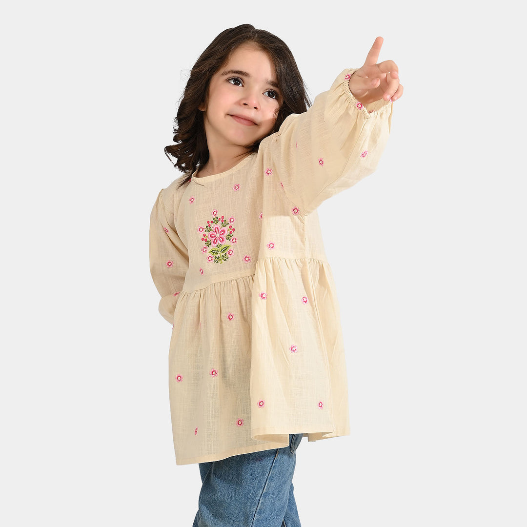 Girls Cotton Slub Emb Top Pink Flower - Off White