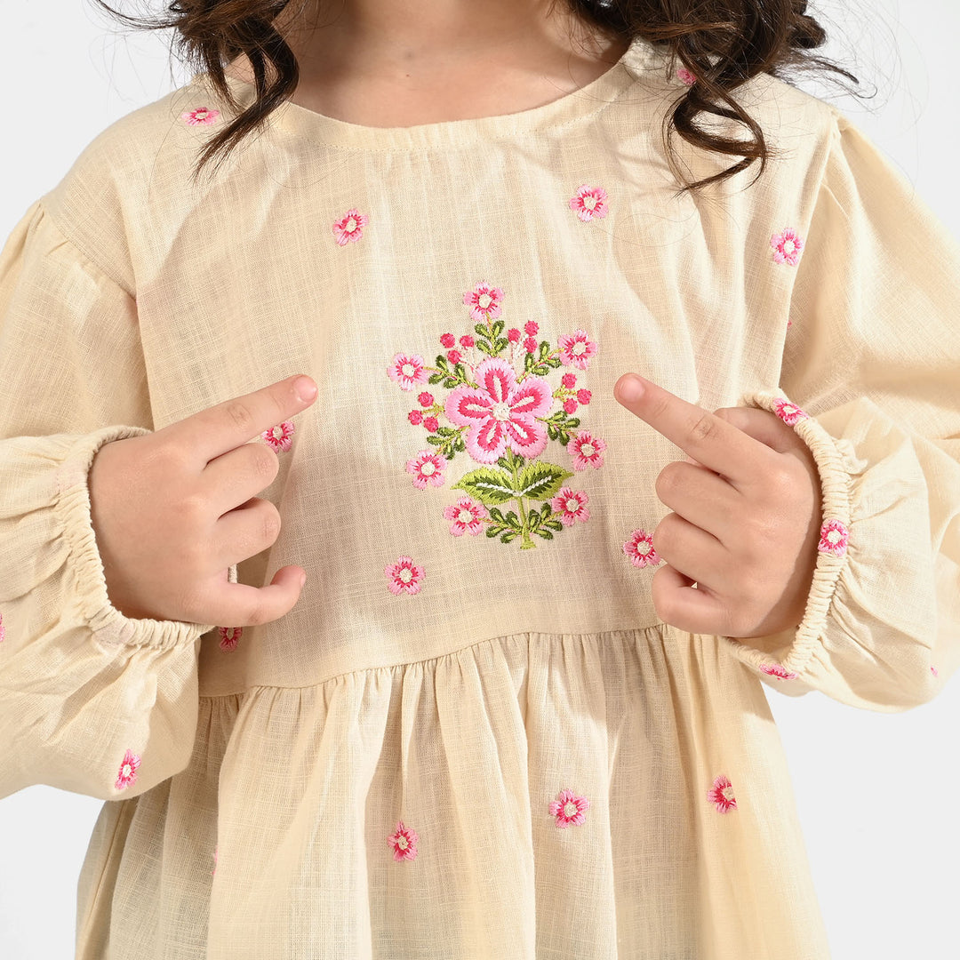 Girls Cotton Slub Emb Top Pink Flower - Off White