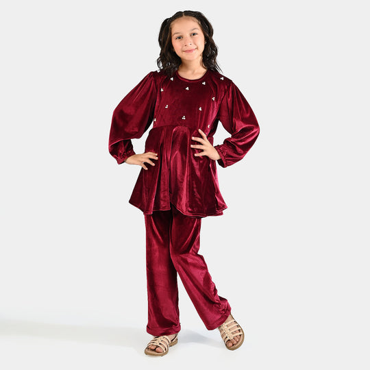 Girls Velvet Co-Set Maroon Love-MAROON