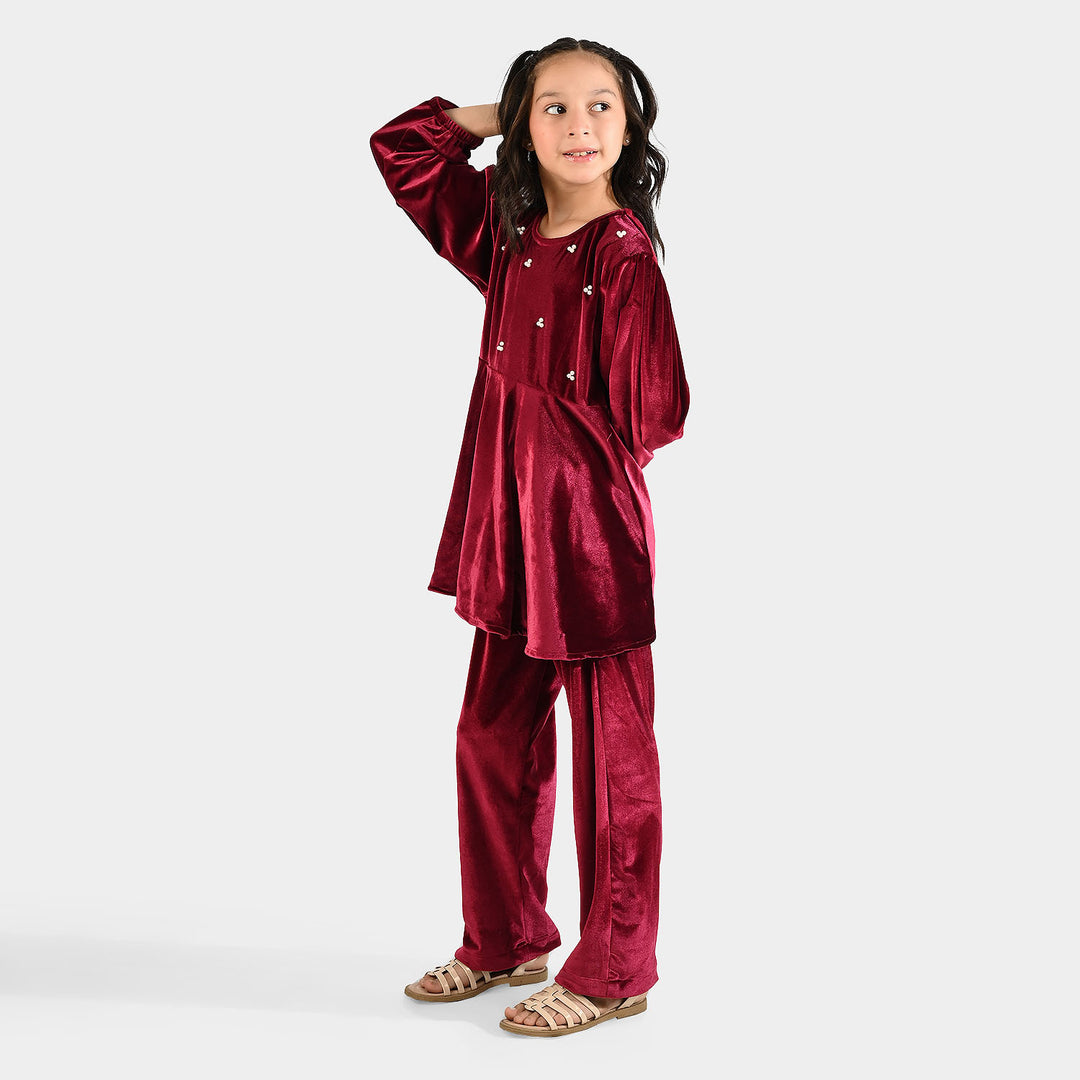 Girls Velvet Co-Set Maroon Love-MAROON
