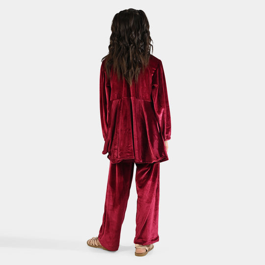 Girls Velvet Co-Set Maroon Love-MAROON