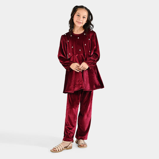 Girls Velvet Co-Set Maroon Love-MAROON