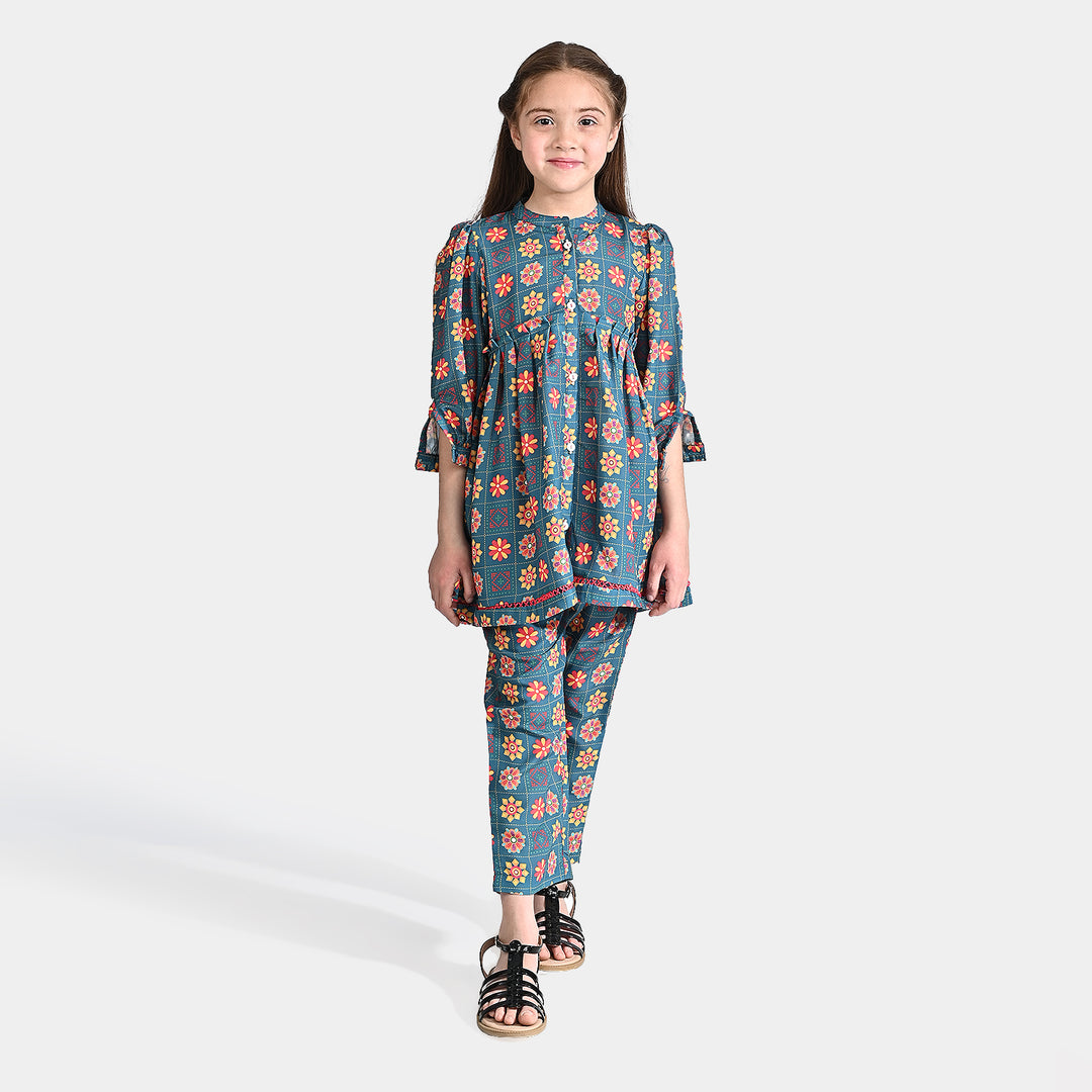 Girls Poly Cambric printed 2 Pcs Kantha-Multi