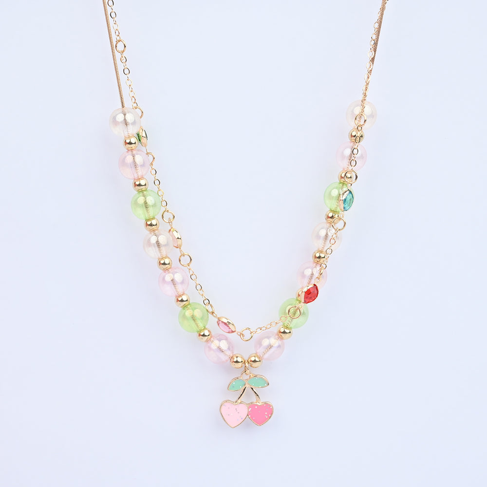 2-in-1 Chain Beads Pink Cherry Pendant Necklace