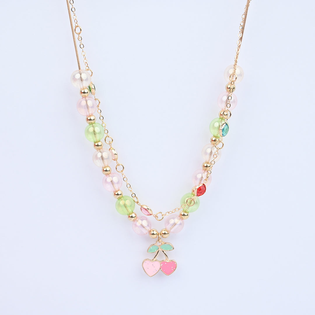 2-in-1 Chain Beads Pink Cherry Pendant Necklace