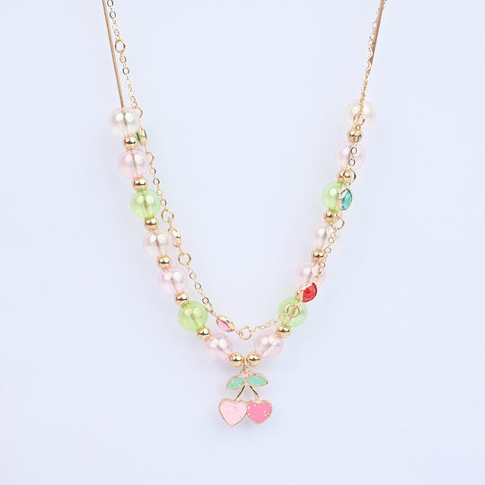 2-in-1 Chain Beads Pink Cherry Pendant Necklace