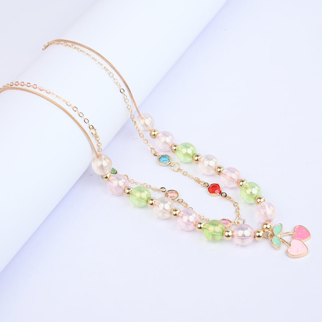 2-in-1 Chain Beads Pink Cherry Pendant Necklace