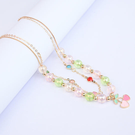 2-in-1 Chain Beads Pink Cherry Pendant Necklace