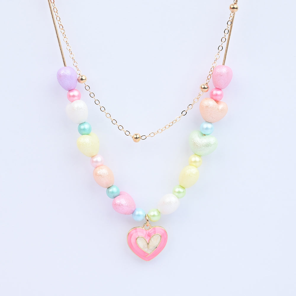 2-in-1 Chain Beads White Heart Pendant Necklace