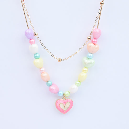 2-in-1 Chain Beads White Heart Pendant Necklace