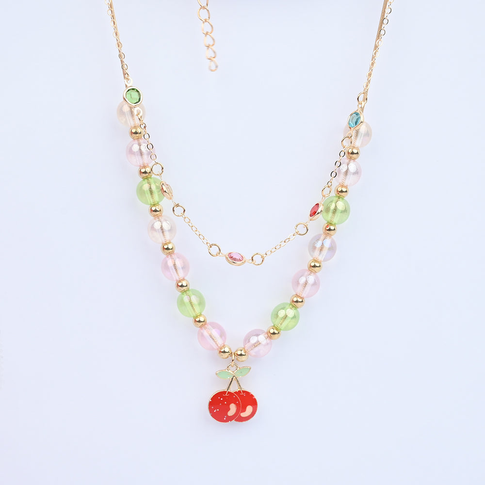 2-in-1 Chain Beads Red Cherry Pendant Necklace
