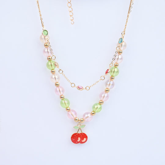 2-in-1 Chain Beads Red Cherry Pendant Necklace