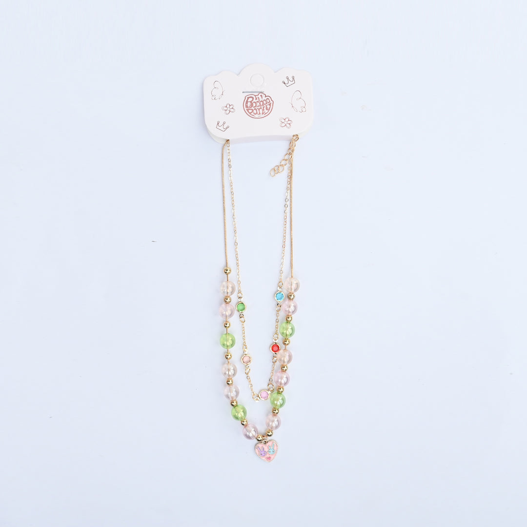 2-in-1 Chain Beads Pink Heart Pendant Necklace