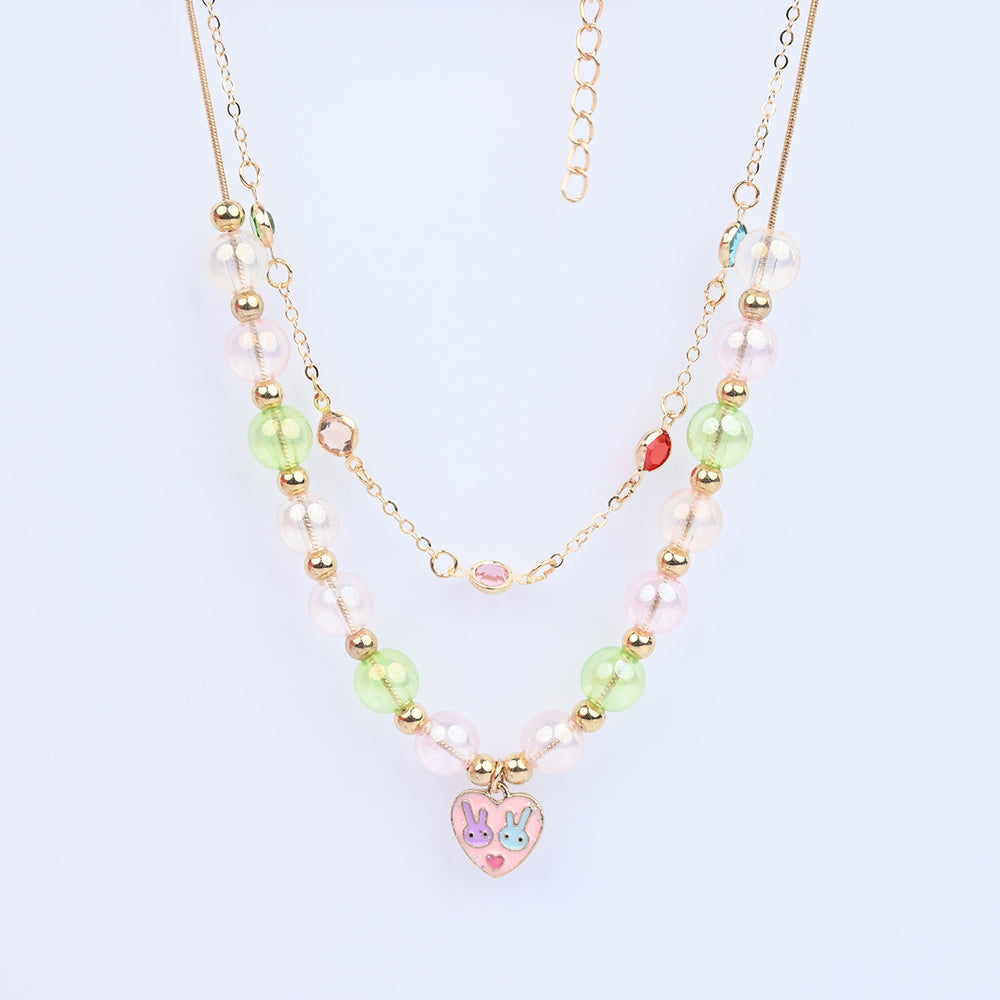 2-in-1 Chain Beads Pink Heart Pendant Necklace