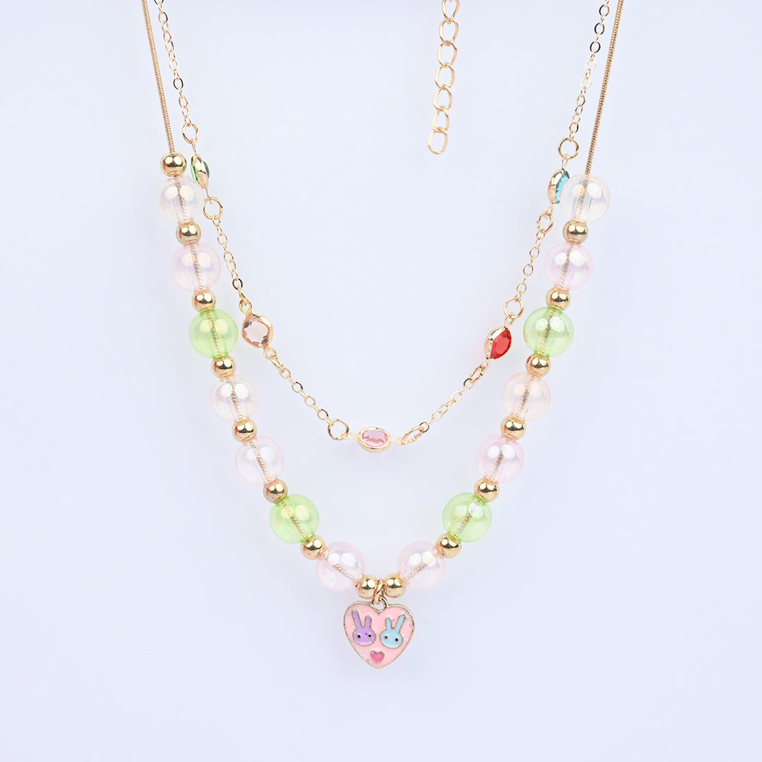 2-in-1 Chain Beads Pink Heart Pendant Necklace