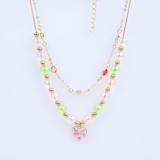 2-in-1 Chain Beads Pink Heart Pendant Necklace