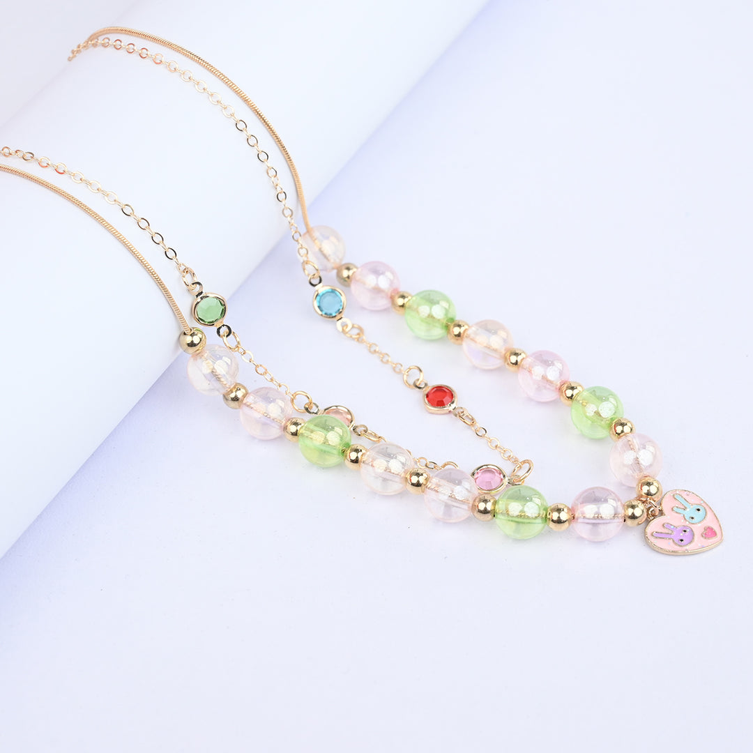 2-in-1 Chain Beads Pink Heart Pendant Necklace