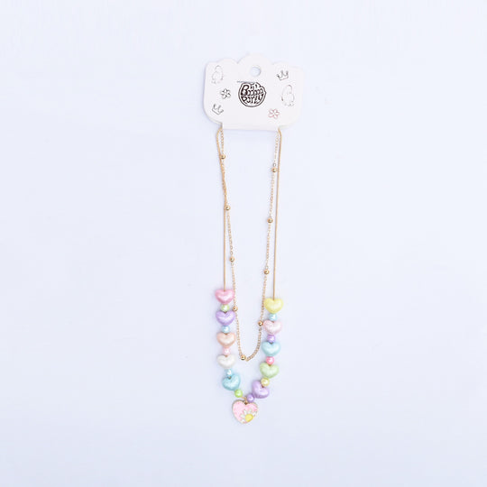 2-in-1 Chain Beads Pink Heart Pendant Necklace