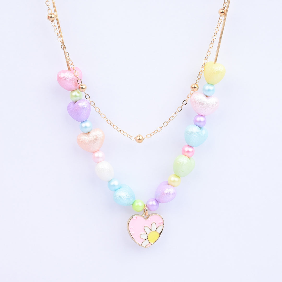2-in-1 Chain Beads Pink Heart Pendant Necklace