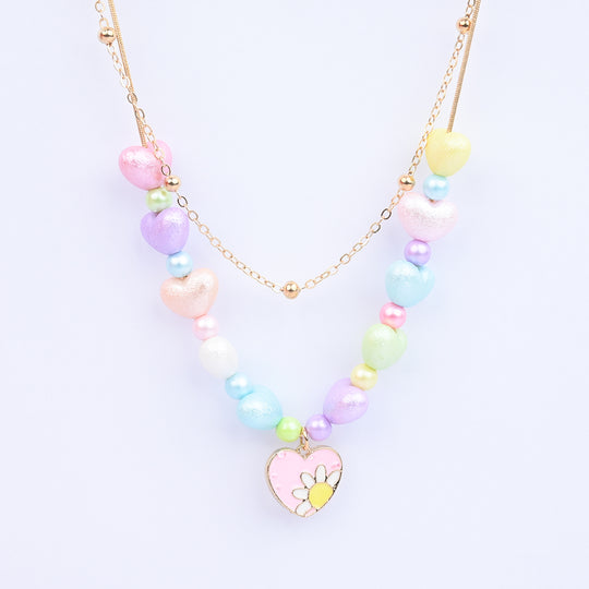 2-in-1 Chain Beads Pink Heart Pendant Necklace