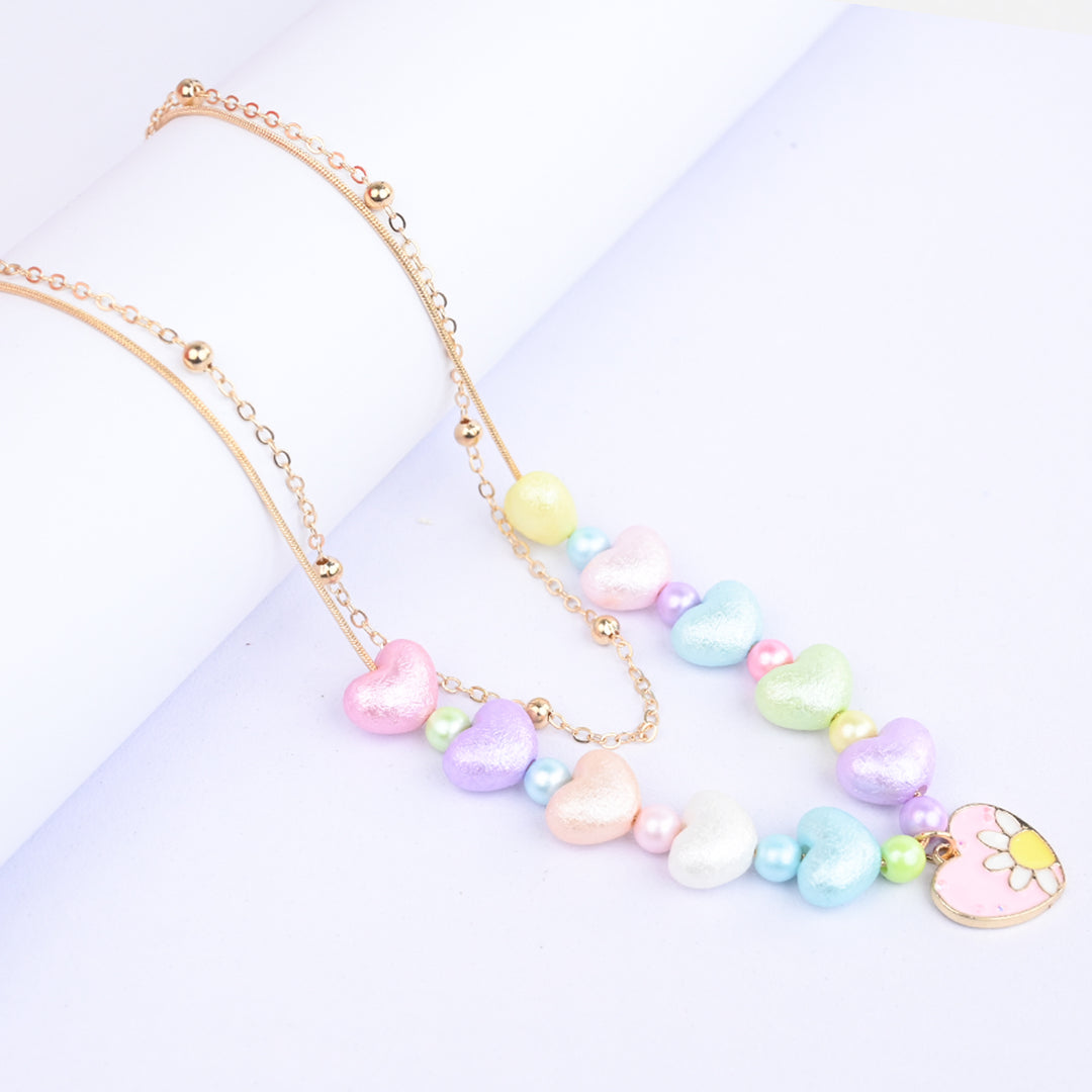 2-in-1 Chain Beads Pink Heart Pendant Necklace
