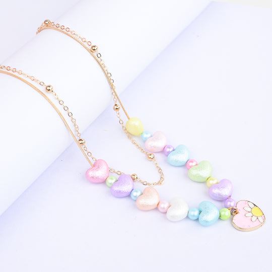 2-in-1 Chain Beads Pink Heart Pendant Necklace