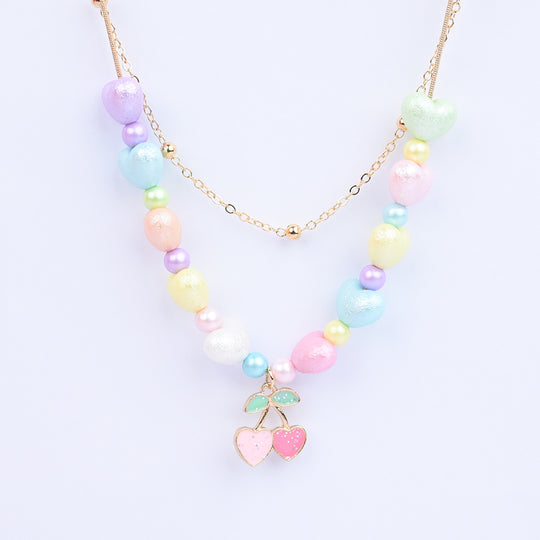 2-in-1 Chain Beads Pink Cherry Pendant Necklace