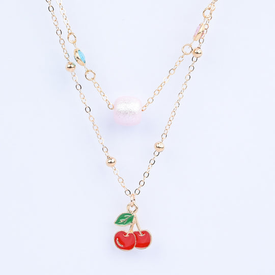2-in-1 Chain Beads Red Cherry Pendant Necklace