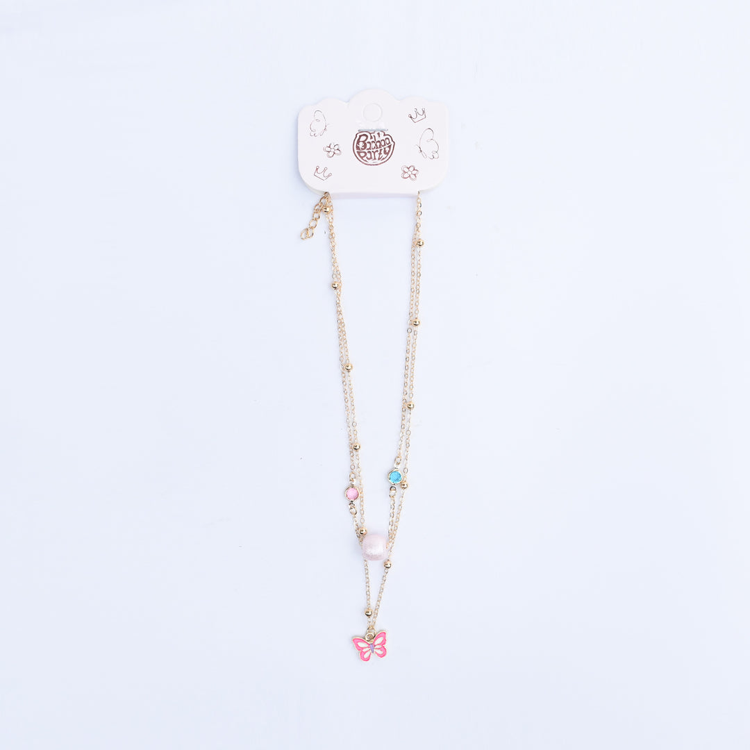 2-in-1 Chain Beads Pink Butterfly Pendant Necklace