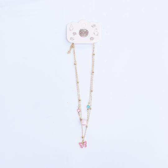2-in-1 Chain Beads Pink Butterfly Pendant Necklace
