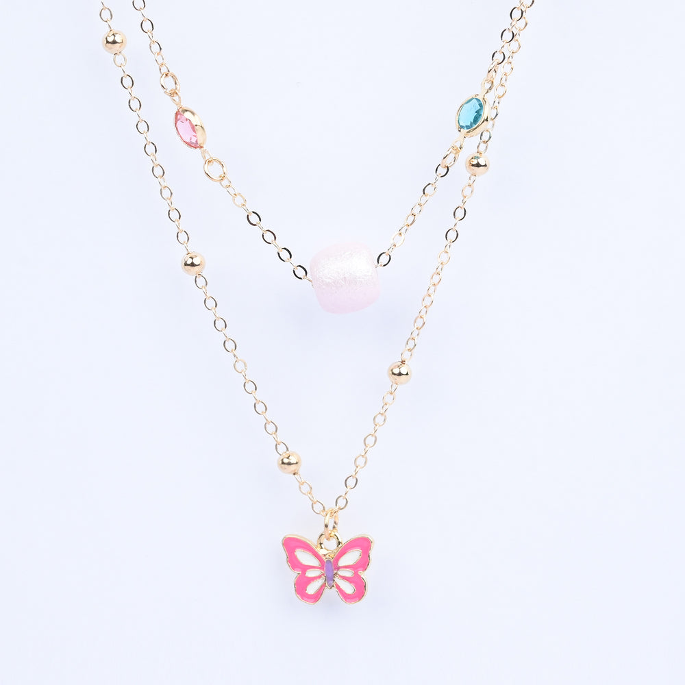 2-in-1 Chain Beads Pink Butterfly Pendant Necklace