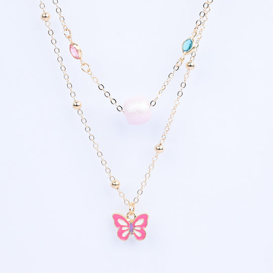 2-in-1 Chain Beads Pink Butterfly Pendant Necklace