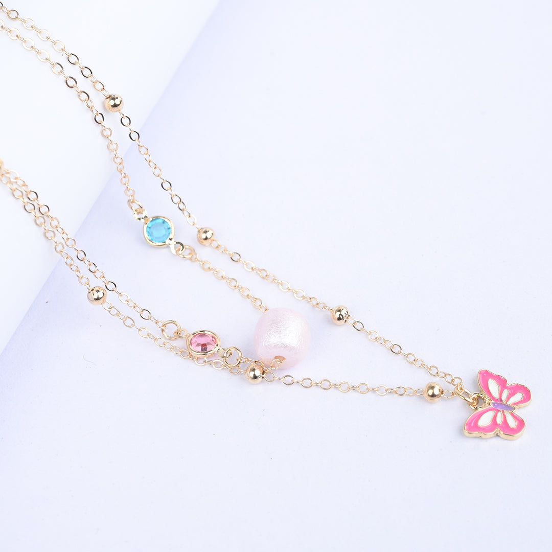 2-in-1 Chain Beads Pink Butterfly Pendant Necklace