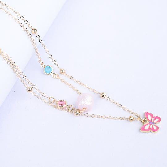 2-in-1 Chain Beads Pink Butterfly Pendant Necklace