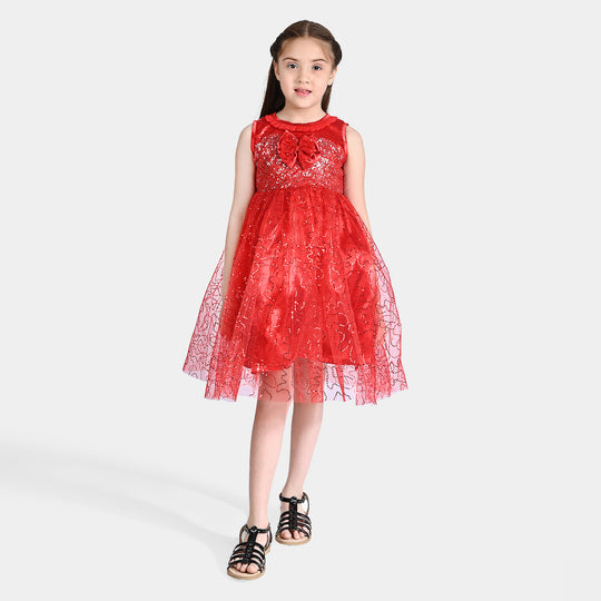 Girls Net Fancy Frock Elegant-Red