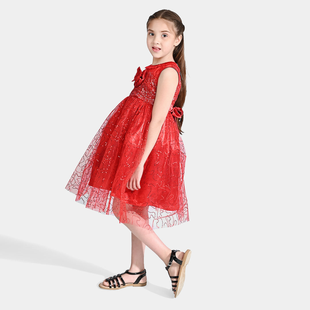 Girls Net Fancy Frock Elegant-Red