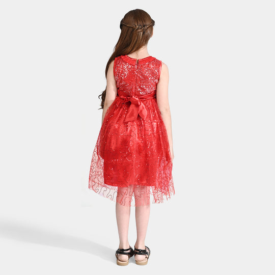 Girls Net Fancy Frock Elegant-Red