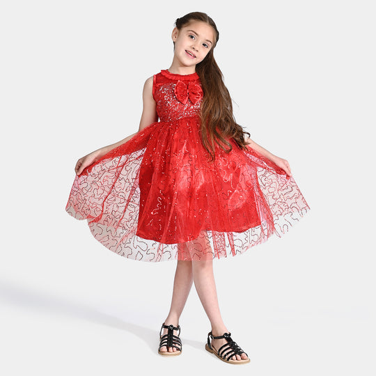 Girls Net Fancy Frock Elegant-Red