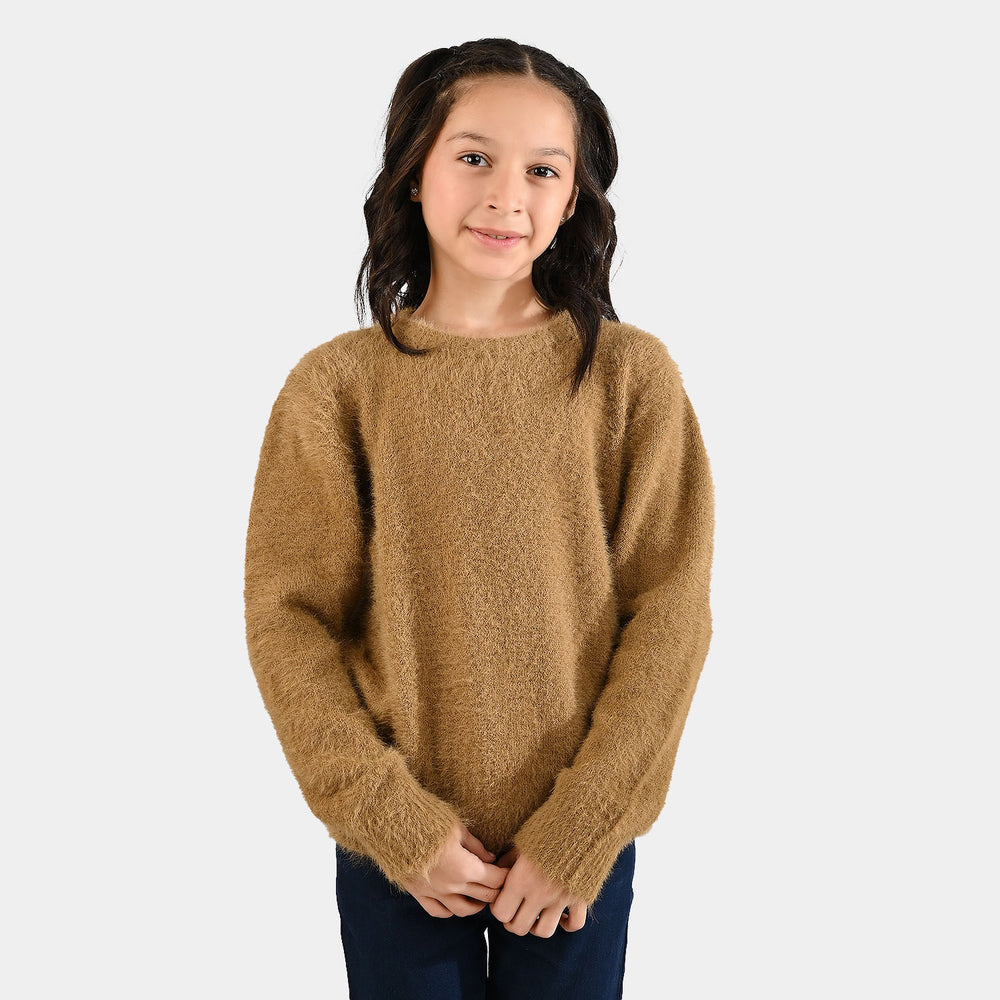 Girls Feather  Yarn Sweater-Feather-Light Brown