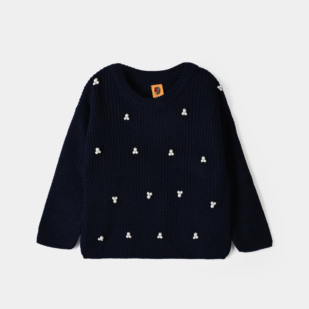 Girls Acrylic Sweater-Pearls-Navy Blue