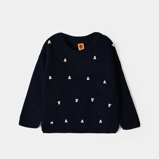 Girls Acrylic Sweater-Pearls-Navy Blue
