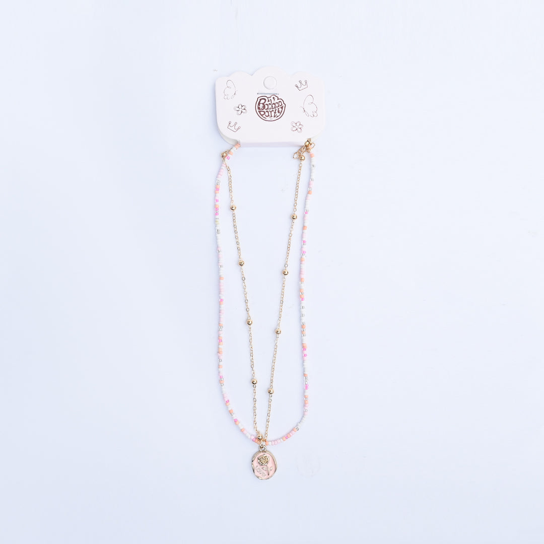 2-in-1 Chain Beads Pink Rose Pendant Necklace