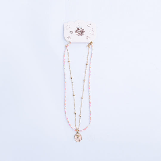 2-in-1 Chain Beads Pink Rose Pendant Necklace
