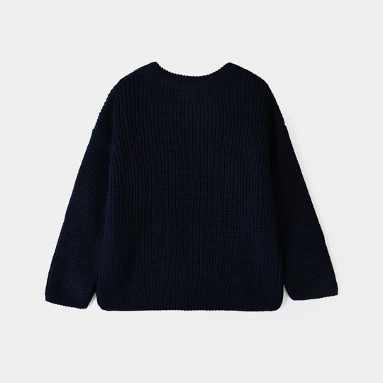Girls Acrylic Sweater-Pearls-Navy Blue
