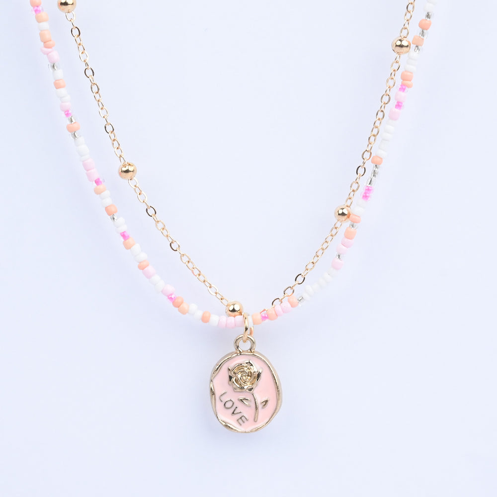 2-in-1 Chain Beads Pink Rose Pendant Necklace
